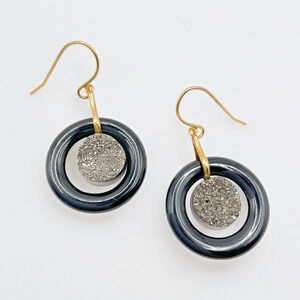 14k Gold Earrings Druzy Hemitate Black Onyx Dangle Hook 1.5” JCM Signed Dangle